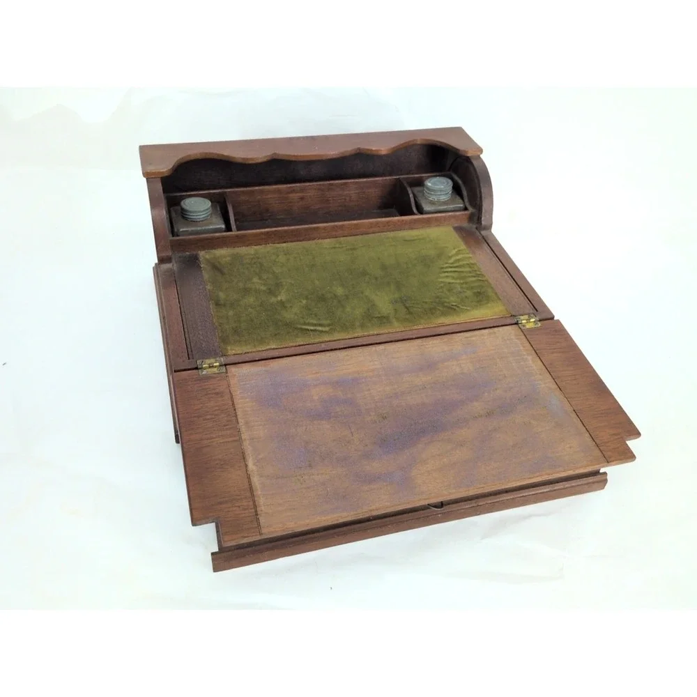 Antique Travel Desk Lap Writing Box Tambour Rolltop With Key And Glass Inkwell